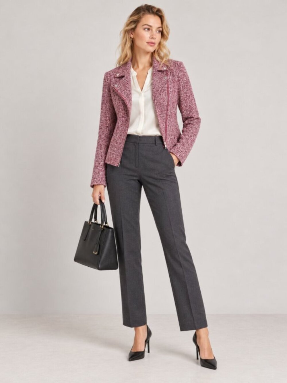 NWT White House Black Market Long Sleeve Boucle Moto Jacket Carmine 2
